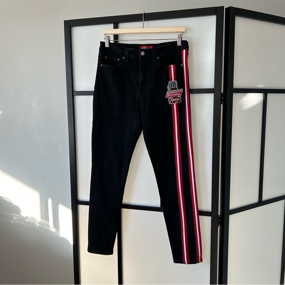 Dickies Faded Black Denim Red & White Racing Stripe Distressed Skinny Jean - Picture 3 of 9